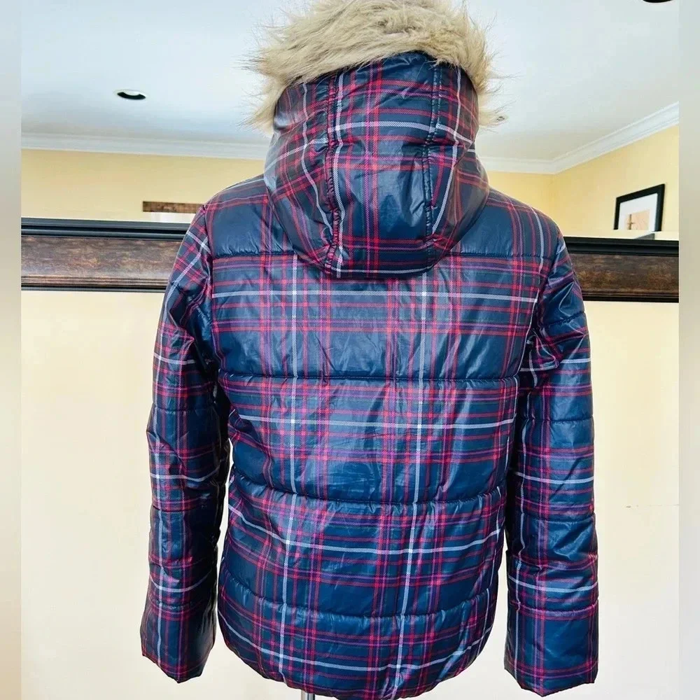 Tommy Hilfiger Girls XL 16 Plaid Puffer Jacket Faux Fur Hood EUC